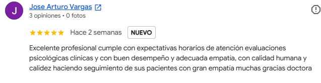 Reseña de Google de una persona acompañada por la psicóloga Yeimy Pérez (2 de 8)