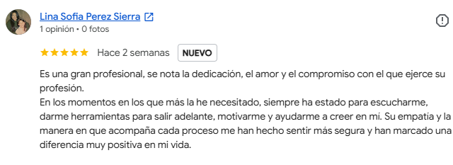 Reseña de Google de una persona acompañada por la psicóloga Yeimy Pérez (3 de 8)