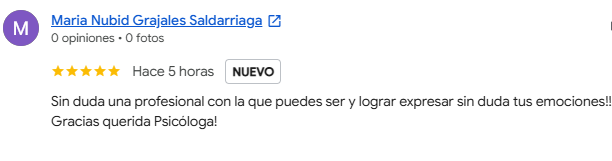 Reseña de Google de una persona acompañada por la psicóloga Yeimy Pérez (4 de 8)