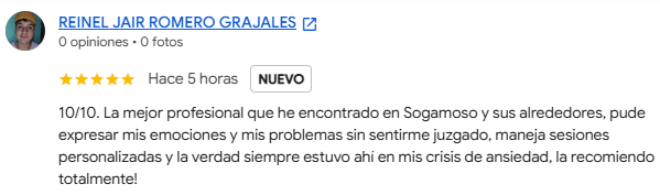 Reseña de Google de una persona acompañada por la psicóloga Yeimy Pérez (5 de 8)