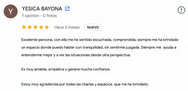 Reseña de Google de una persona acompañada por la psicóloga Yeimy Pérez (8 de 8)